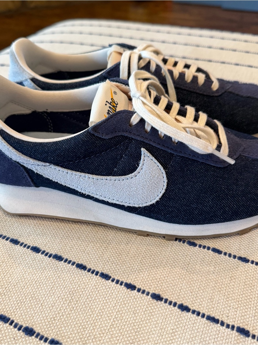 Nike women’s Dark Denim and Light Blue Swoosh Casual Runner Sneakers